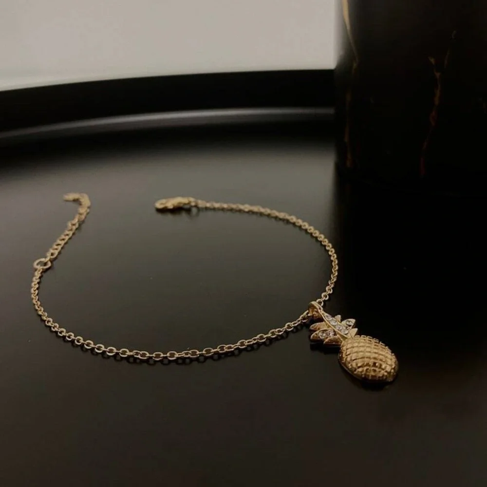 Gold Tone Pineapple Anklet Bracelet – Adjustable Tropical Jewelry